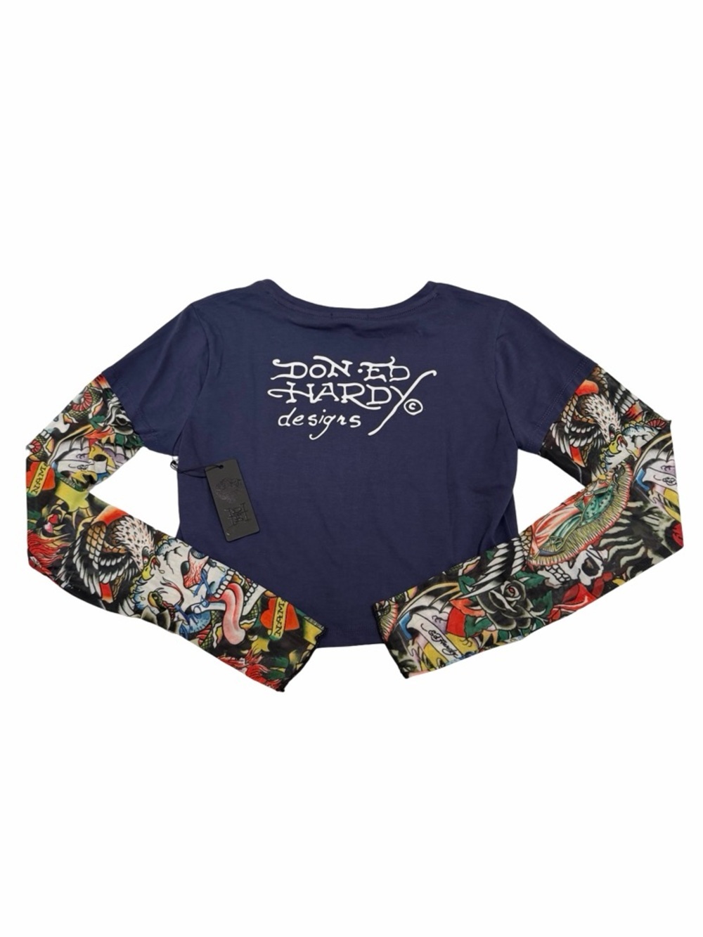Ed Hardy Y2K Tattoo Graphic Long Sleeve Tee Navy Women's Large NWT - Picture 4 of 10